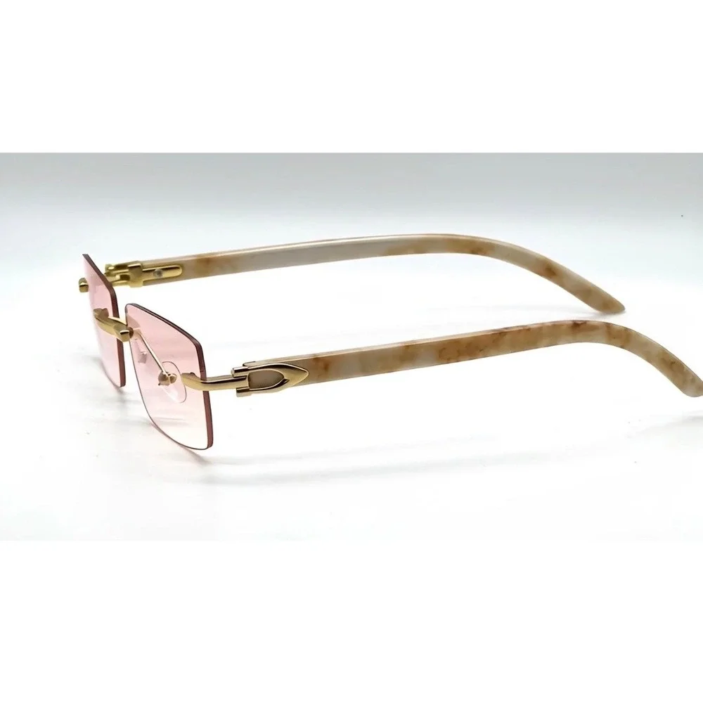 Mens Rimless Rectangle Sunglasses‎ Gold Pink Gradient Lens Marble C-Decor Hinge